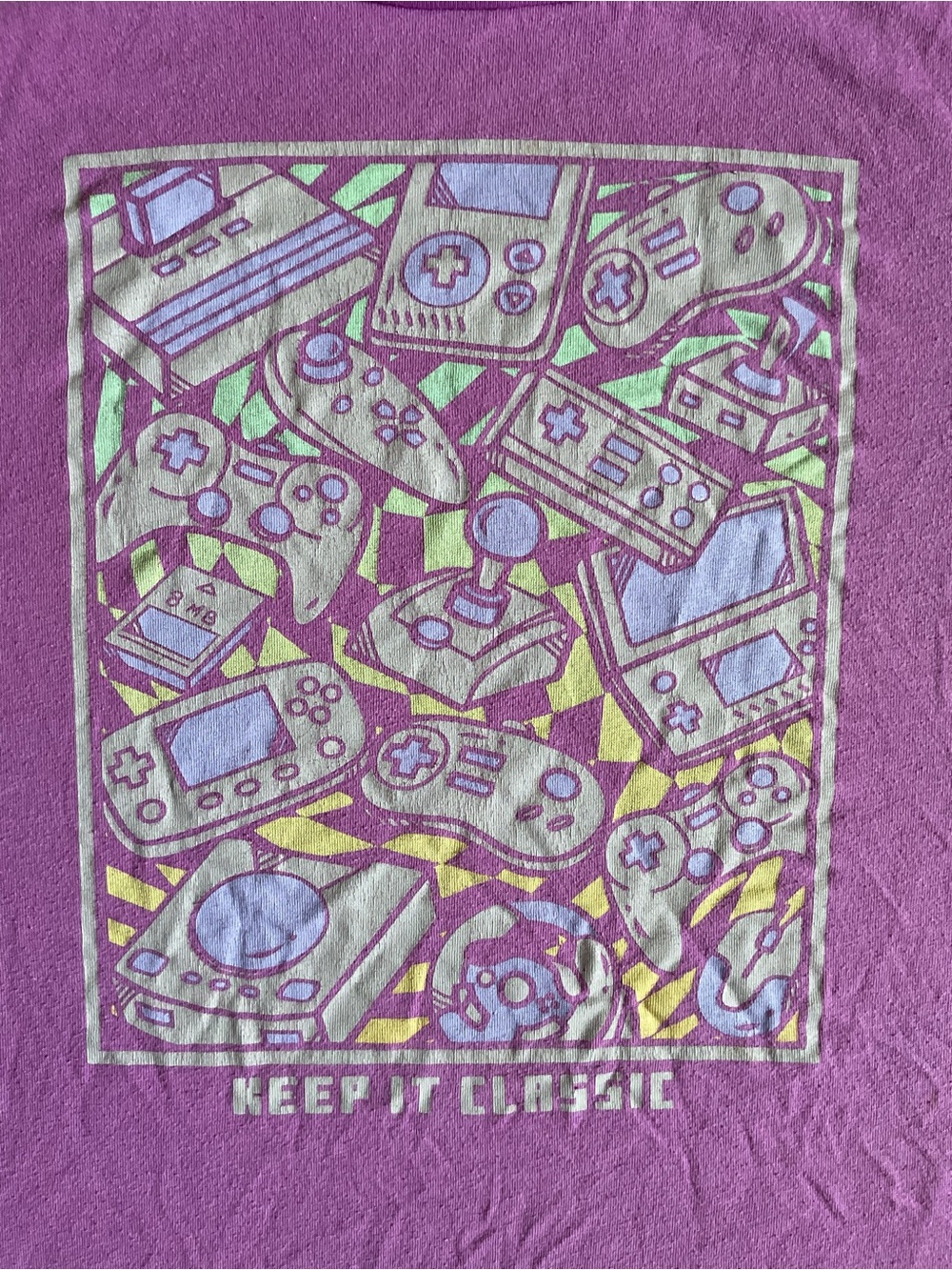 Retro Video Game Controllers Graphic Tee - Purple, Yellow, Green